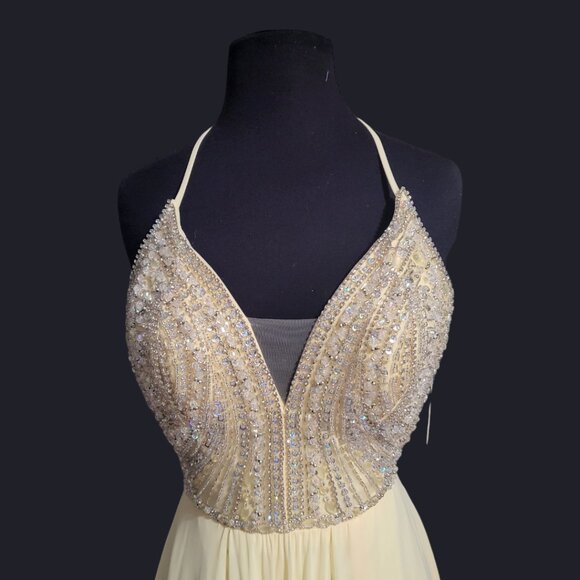Faviana Pastel Yellow Halter Beaded A-line Lace-Up Chiffon Dress New with Tags - Picture 6 of 10